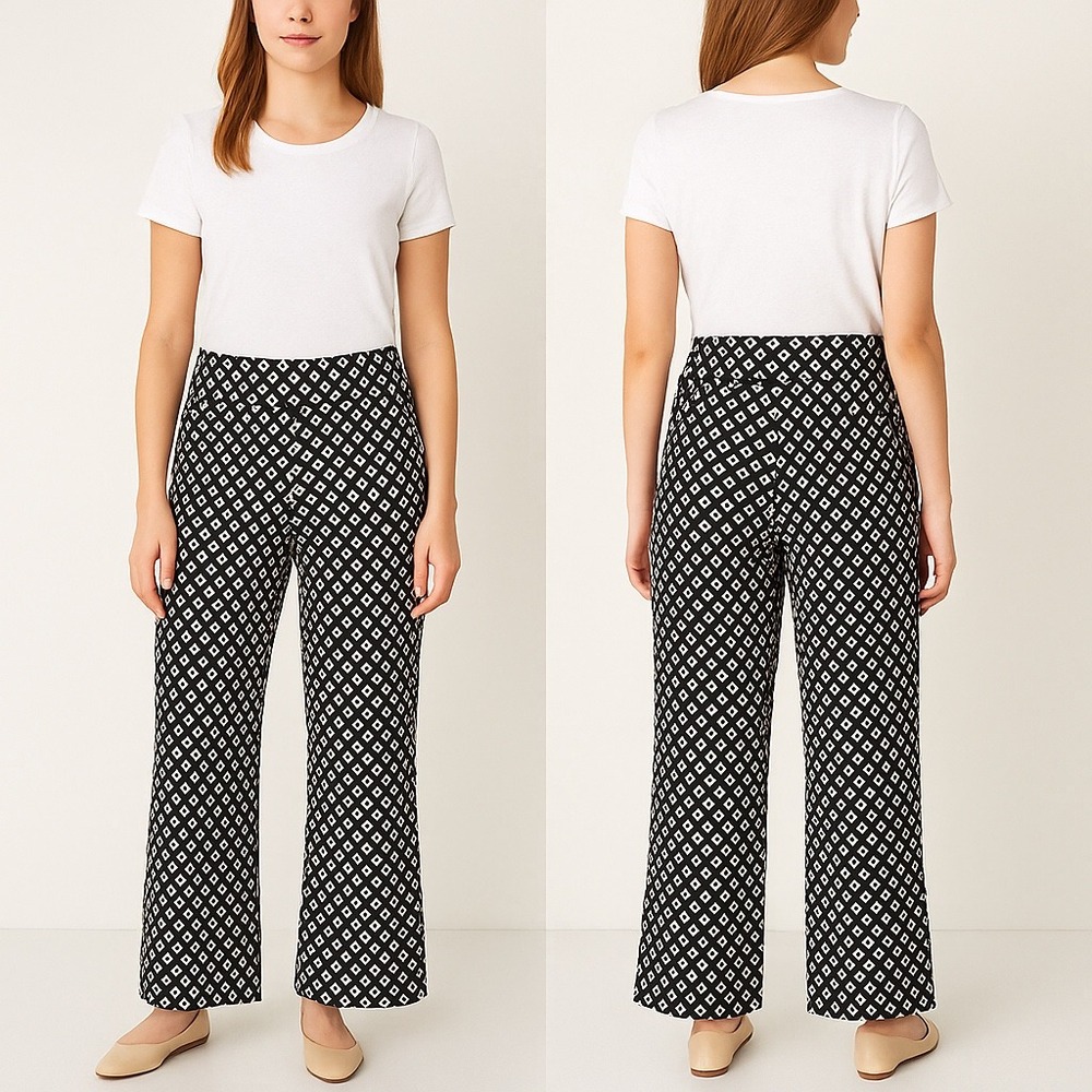 J.Jill Wearever‎ Smooth-Fit Full Leg Pants M Black White Geo Stretch Wide Leg